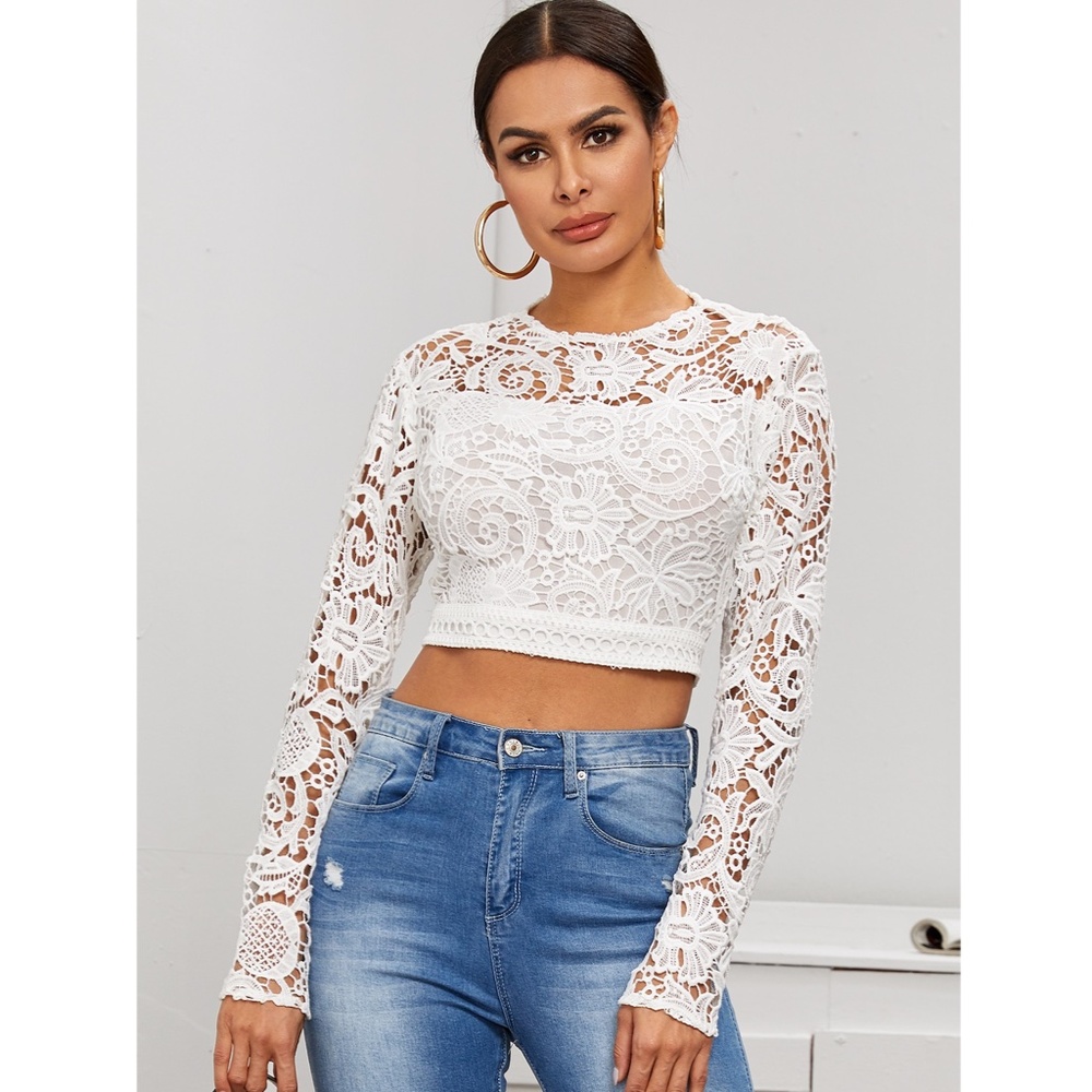 Backless White Lace Long Sleeve Crop Top - Picture 3 of 7